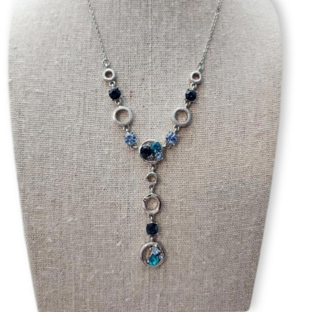 Vintage! Blue Crystal Drop Silver Necklace